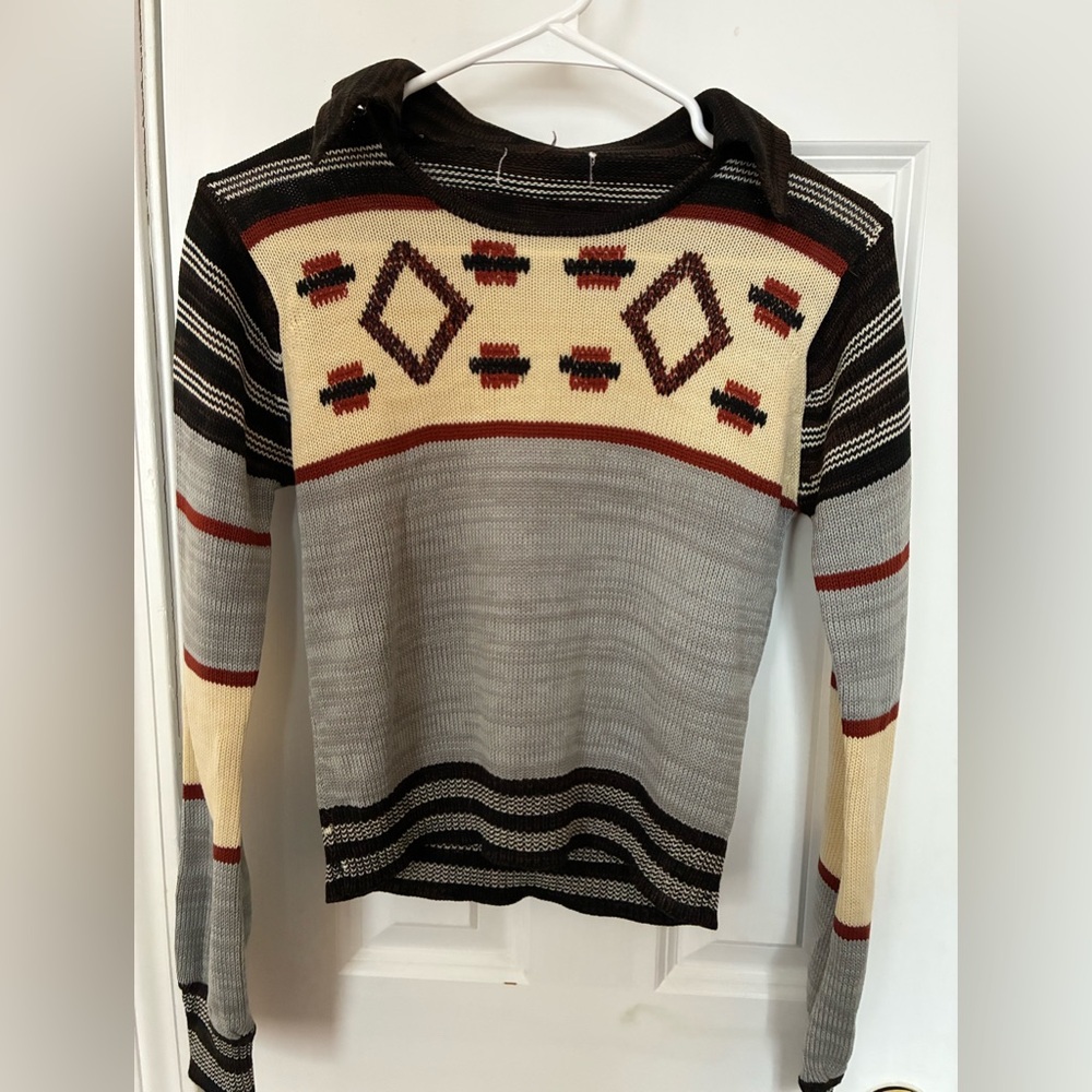 Vintage Retro Nordic 70s Cozy Cabin Aesthetic Collared Geometric Sweater Top